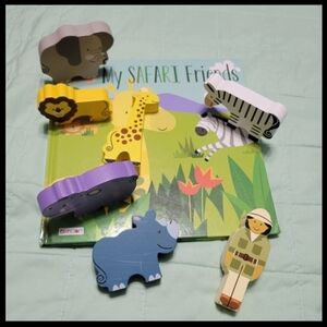 Safari Animals Wooden Toy Set and Kathy Ireland Baby MY SAFARI FRIENDS book